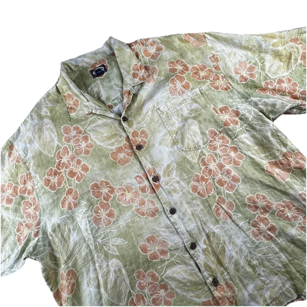 Vintage‎ Tommy Bahama Linen Shirt Men XXL Green Beach Floral Hawaiian Tropical